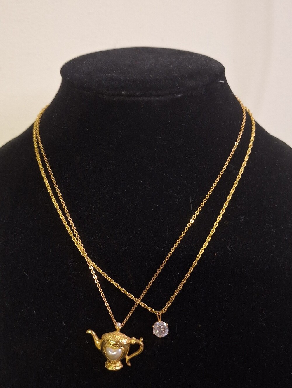 "TWO Teapot Pendant  & Faux Diamond Necklaces - 9" Drop